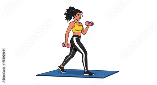 Woman exercising with dumbbells on yoga mat, fitness and workout illustration