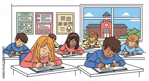 Diverse students focused on writing at desks in a bright classroom, learning and education concept.