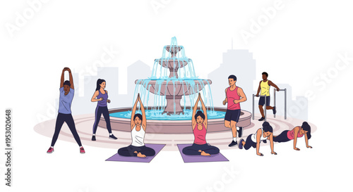 Diverse group exercising outdoors by fountain: yoga, running, push-ups