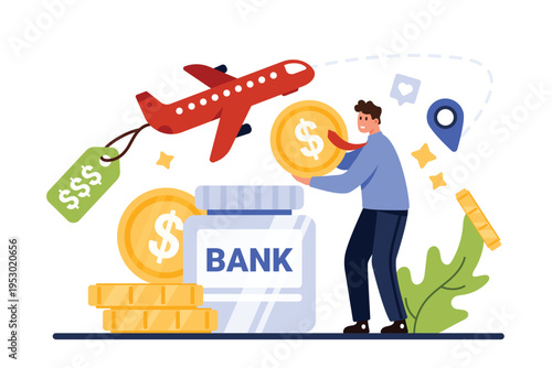 Low airfares for world travel, special discount offer promotion for cheap flight on holiday. Tiny man holding dollar coin to book and buy air plane ticket for journey cartoon vector illustration