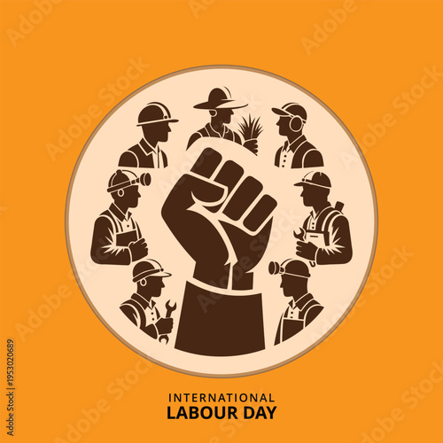 International labour day fist of solidarity and workers silhouette circle design on orange background