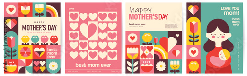 Set of colorful Mother's Day greeting cards and posters with flowers, hearts, woman portraits and decorative typography in flat geometric illustration style with vibrant retro elements.