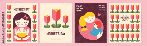 Set of Mother's Day greeting cards and posters with tulips, flowers, mother and child, typography and pastel decorative layouts in flat geometric illustration style for spring celebration.