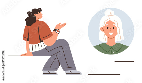 Online communication, social networking, human connection, technology usage, virtual meetings, interpersonal exchange. Person sitting and talking, opposite a profile picture. Online communication