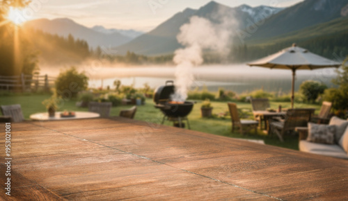 Empty wooden table outdoors with blurred garden background – summer vacation and relaxation product mockup. Natural landscape and peaceful and relaxing atmosphere. Vacation time.