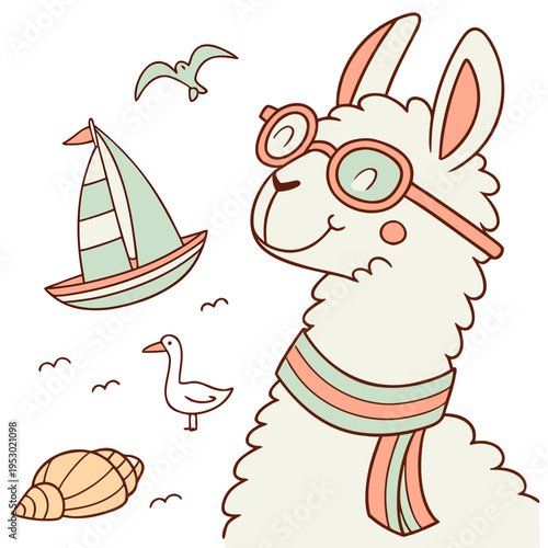 SVG art: A Dreamy Alpaca in a Beach day vibe with wearing glasses, tinted with Ocean Breeze tones