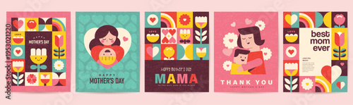 Set of Happy Mother's Day greeting cards with flowers, hearts, gift boxes, mother portrait and decorative typography in colorful retro flat geometric illustration style.