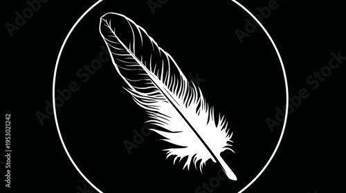 A white feather illustration within a white circle against a black background