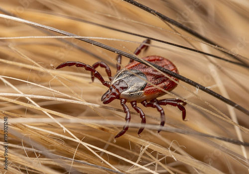 Macro close-up of a tick crawling through thick dog fur. The parasite is clearly visible between hair strands, illustrating tick infestation on pets and the health risks associated with tick-borne dis
