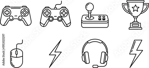 Collection of gaming icons including controllers, headset, joystick, mouse, trophy, and lightning bolts.