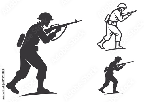 A set of vector graphics depicting soldiers in various poses with guns