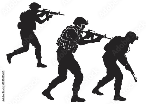 A vector graphic illustration of three soldiers in silhouette, running and aiming guns in a tactical formation.