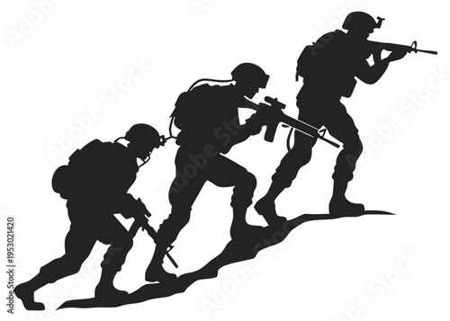 A vector graphic illustration of three soldiers in silhouette climbing a hill with guns