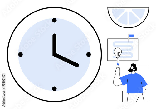 Time management, productivity, planning, workflow, brainstorming, efficiency, creative thinking. Large clock workflow diagram person with lightbulb. Time management and productivity