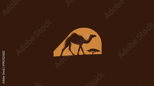 Silhouette of a camel walking in front of a setting sun with an acacia tree