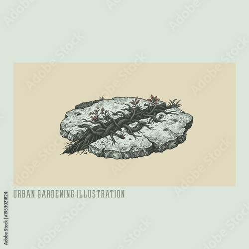 Urban garden illustration, hand-drawn organic greenery and nature-inspired design for modern living