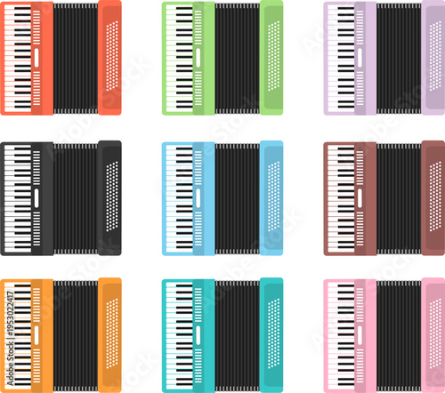 Set of colorful flat vector accordion icons isolated on white background for musical instrument design.