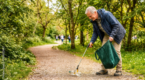 Smiling senior man using a grabber tool to pick up plastic trash in a green park. Elderly volunteer collecting garbage in a reusable bag. Environmental cleanup and community service