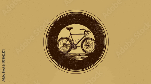 Vintage-style illustration of a bicycle inside a circle, on textured tan background