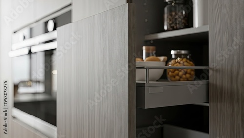 Modern kitchen cabinet with open sliding door revealing drawers and food storage