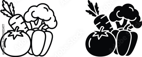 A tomato, a bell pepper, a head of broccoli, and a carrot.