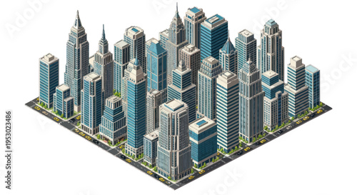 Isometric Cityscape with Tall Skyscrapers and Buildings in a Dense Urban Layout