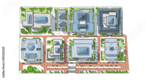 Aerial Top-Down View of Modern City Block Architecture with Green Spaces