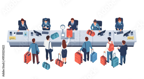 Airport check-in counter with passengers and luggage, travel concept
