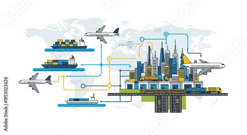 Global Logistics Network: Shipping, Airplanes, Trucks, Cityscape & World Map
