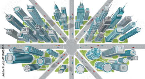 Aerial View of a Futuristic Cityscape with Radial Roadways and Skyscrapers