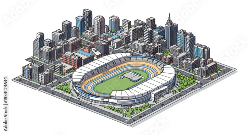 Isometric Cityscape with Stadium and Skyscrapers, Urban Aerial View
