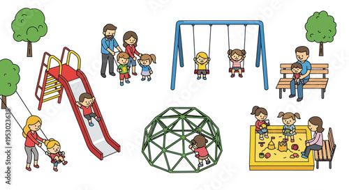 Happy Children Playing at Outdoor Playground with Swings, Slide, Sandpit, and Climbing Dome