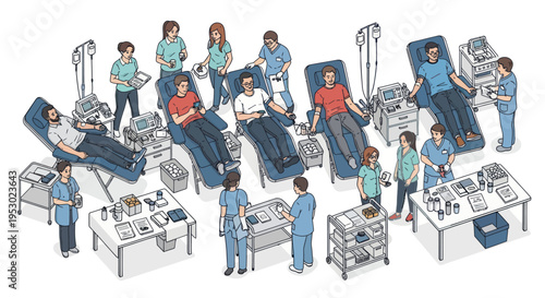Blood Donation Center Scene with Donors and Medical Staff