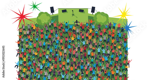 Vibrant Crowd Cheering at Outdoor Music Festival with Fireworks