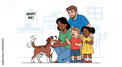 Diverse family adopts dog from shelter, happy moment, pet adoption concept
