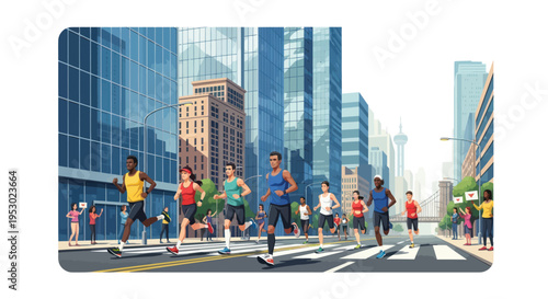 Diverse runners in marathon race through modern city street with skyscrapers
