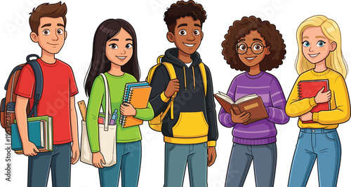 Diverse group of happy multiracial students with backpacks and books standing together for high school or university education, vector
