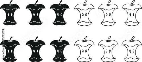 Apple core, apple bitten vector icons set.