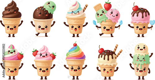 Cute Ice Cream Character Cartoon Vector Set Featuring Smiling Sundae Cups Colorful Scoops Toppi
