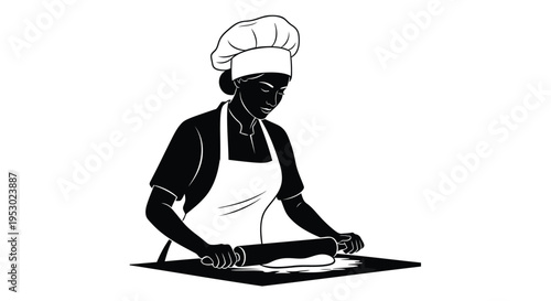 Vector illustration of black chef rolling dough