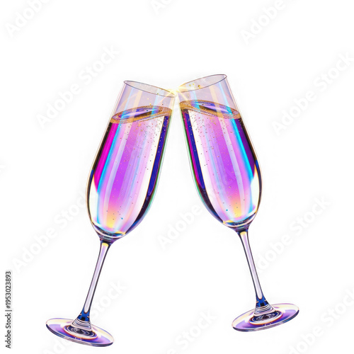 A vibrant and celebratory toast with two iridescent champagne flutes clinking together