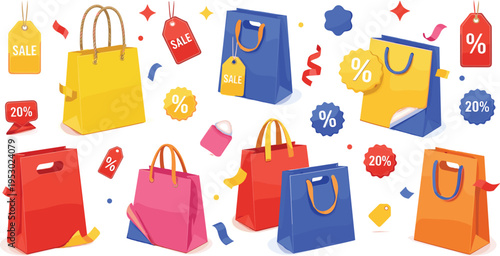 Sale Shopping Bags and Discount Promotion Vector Set Featuring Colorful Retail Paper Bags Price Tags Percent Symbols and Marketing