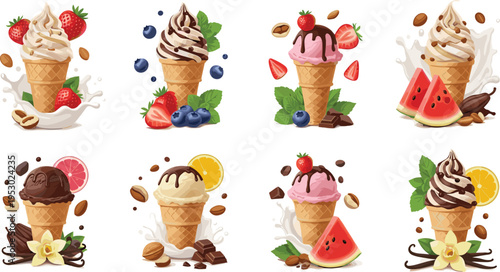 Realistic Ice Cream Dessert Collection Vector Set Featuring Fruit Chocolate Vanilla Scoops Waffle Cones Berries Citrus and Gourmet Sweet Treat IllustrationsRealistic 