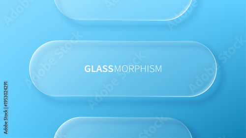 Blue glass morphism background with rounded rectangular panels. Abstract UI design element for modern digital interface and software landing page. Transparent clear frosted overlay effect.