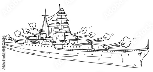 Large military battleship firing its heavy cannons with smoke clouds in a detailed hand drawn line art style