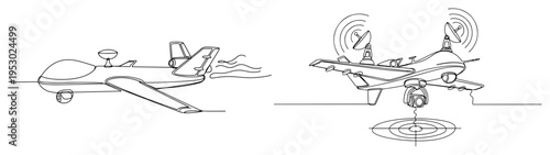 Continuous one line drawing of military surveillance drones equipped with advanced radar and cameras for scouting missions