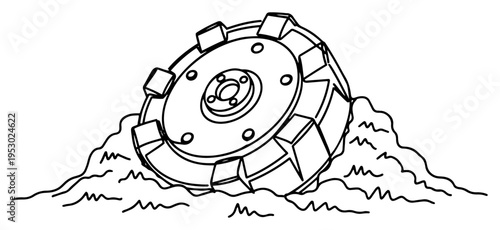 An anti tank landmine partially buried in the ground with grass in a simple hand drawn line art style
