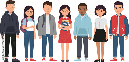 Diverse group of young student characters, multiethnic teenagers with backpacks and books, standing together in flat vector style