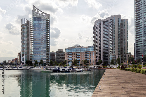 Picturesque central embankment of the capital Beirut. Skyscrapers. Boats, yachts and motorboats at pier. Mediterranean Sea. Republic of Lebanon