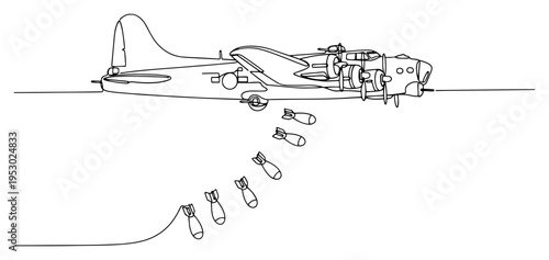 Cuadro en lienzo Single line drawing of a vintage bomber plane dropping bombs during a mission